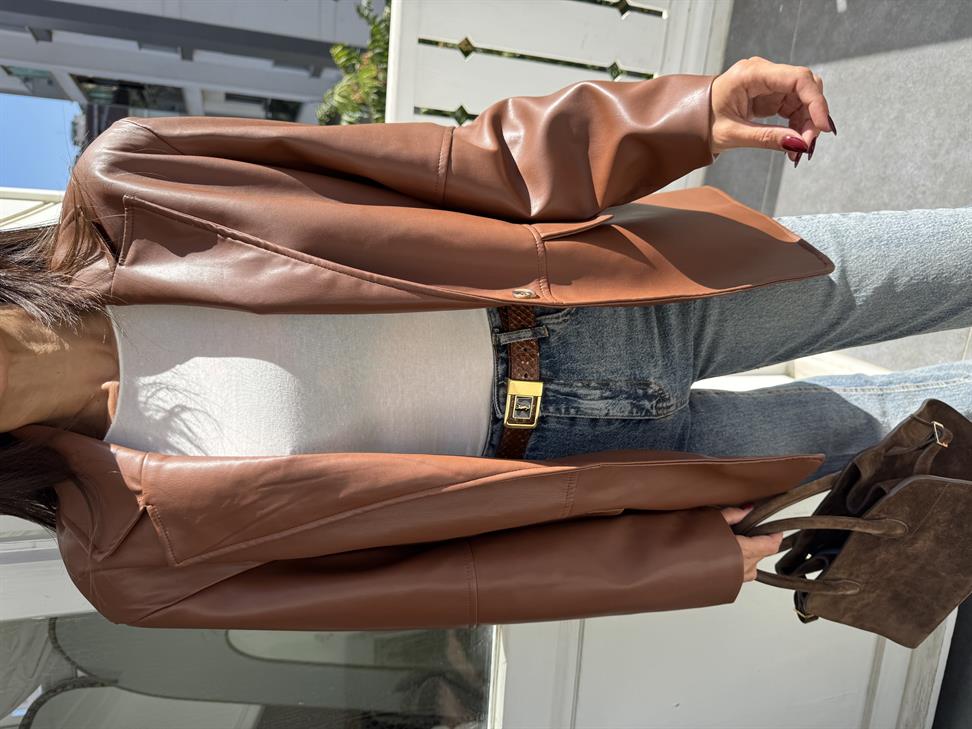 Taba Tek Düğmeli Deri Blazer Ceket
