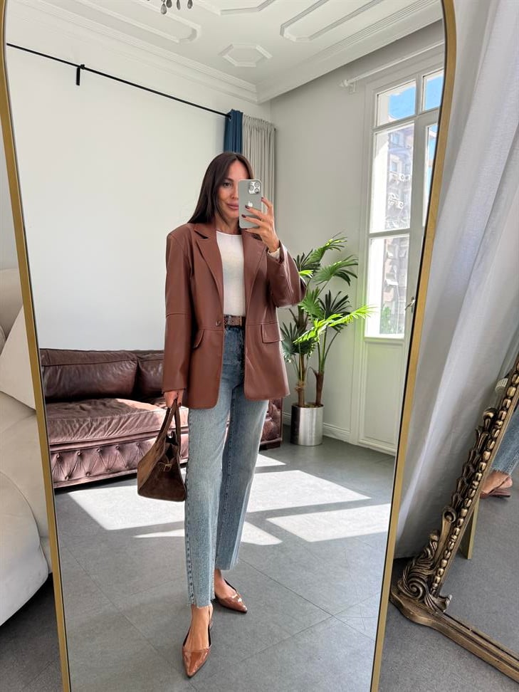 Taba Tek Düğmeli Deri Blazer Ceket