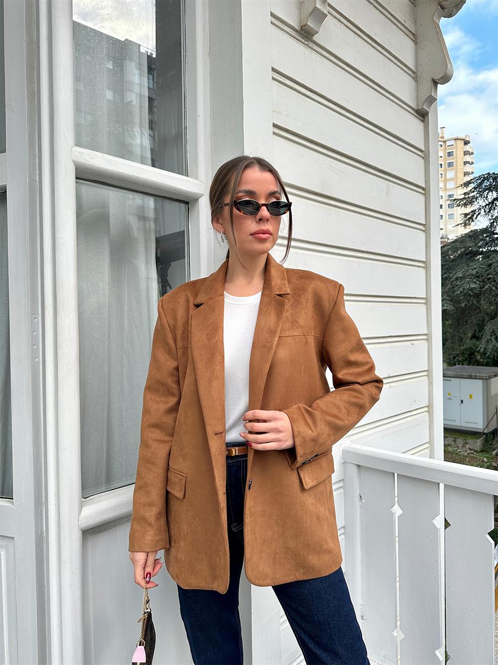 Taba Tek Düğmeli Süet Blazer Ceket