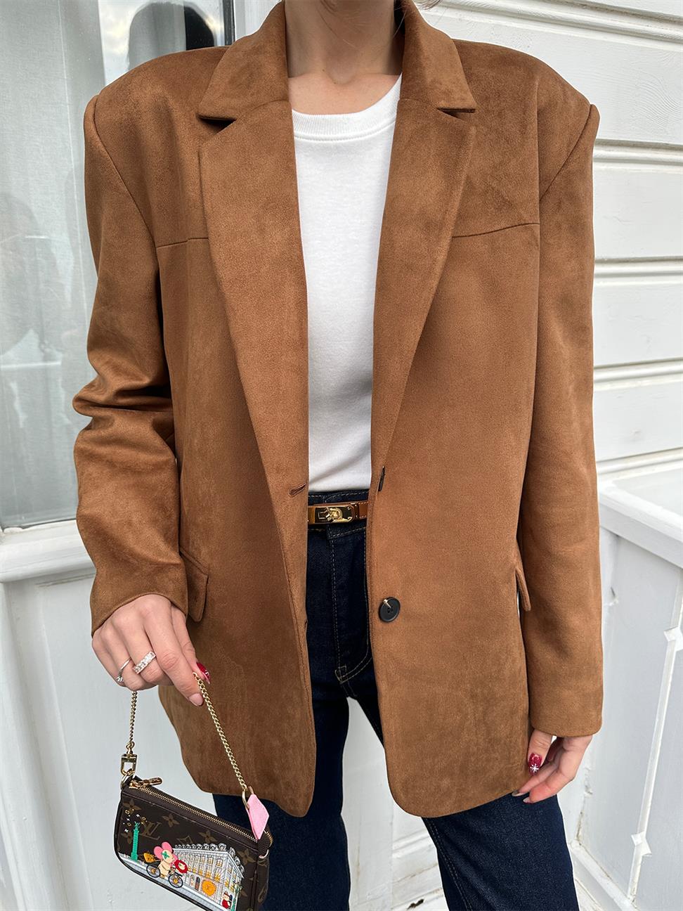 Taba Tek Düğmeli Süet Blazer Ceket