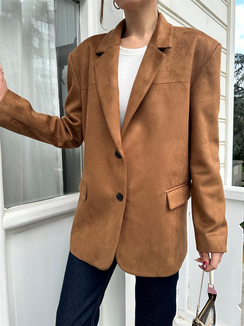 Taba Tek Düğmeli Süet Blazer Ceket