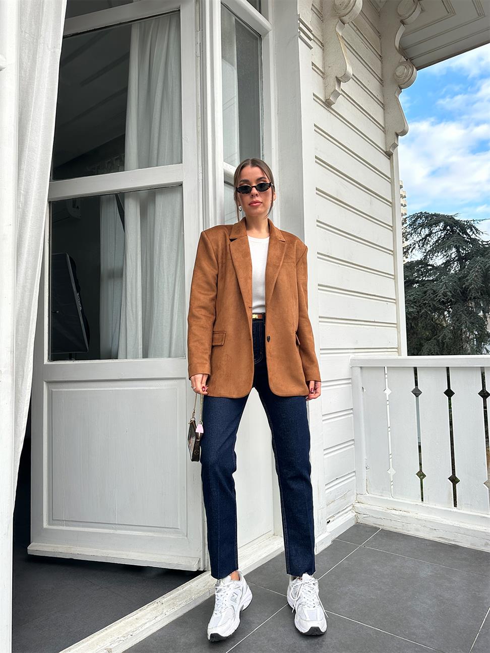 Taba Tek Düğmeli Süet Blazer Ceket