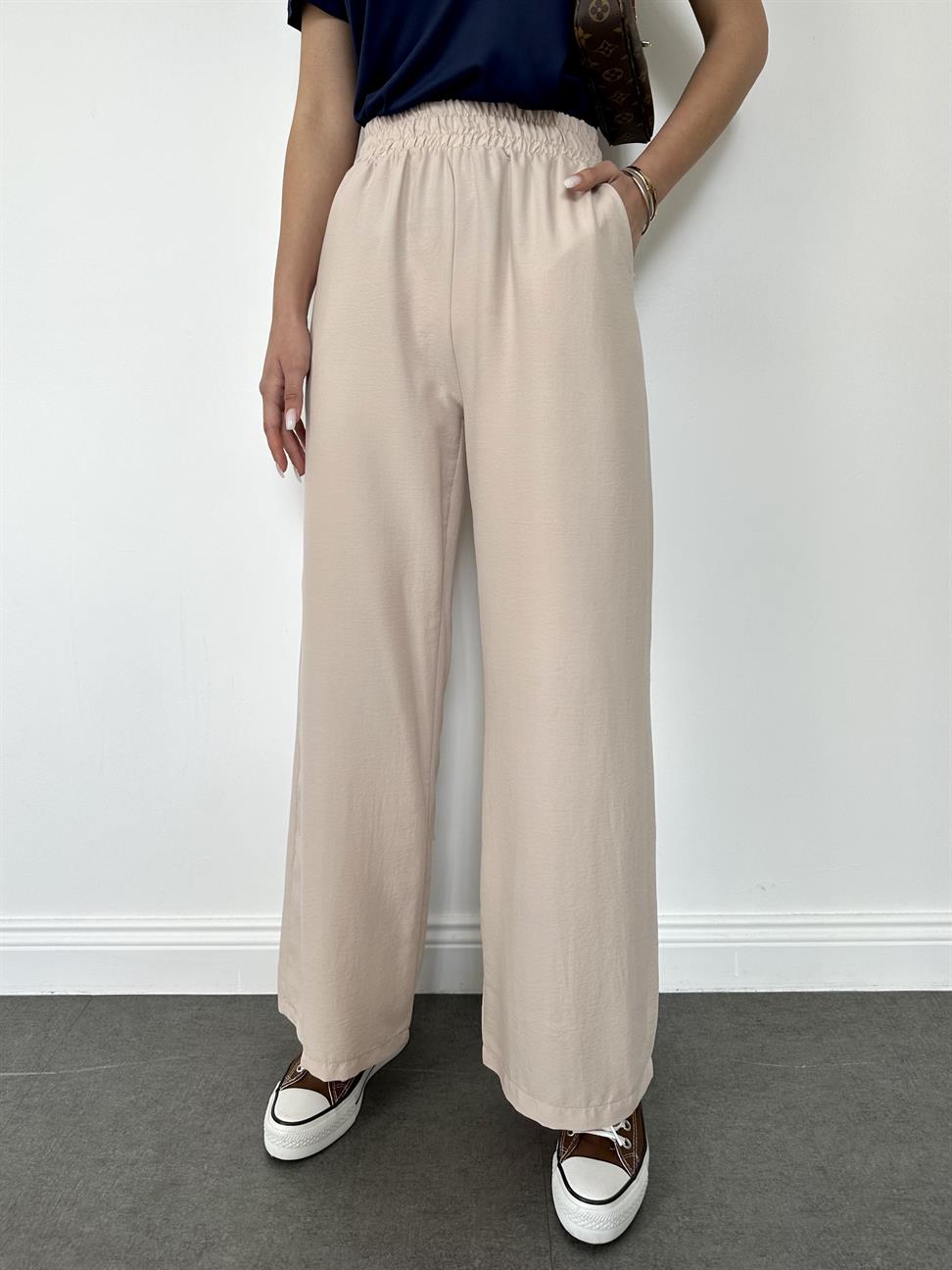 Taş Rengi Beli Lastikli Geniş Paça Pantolon