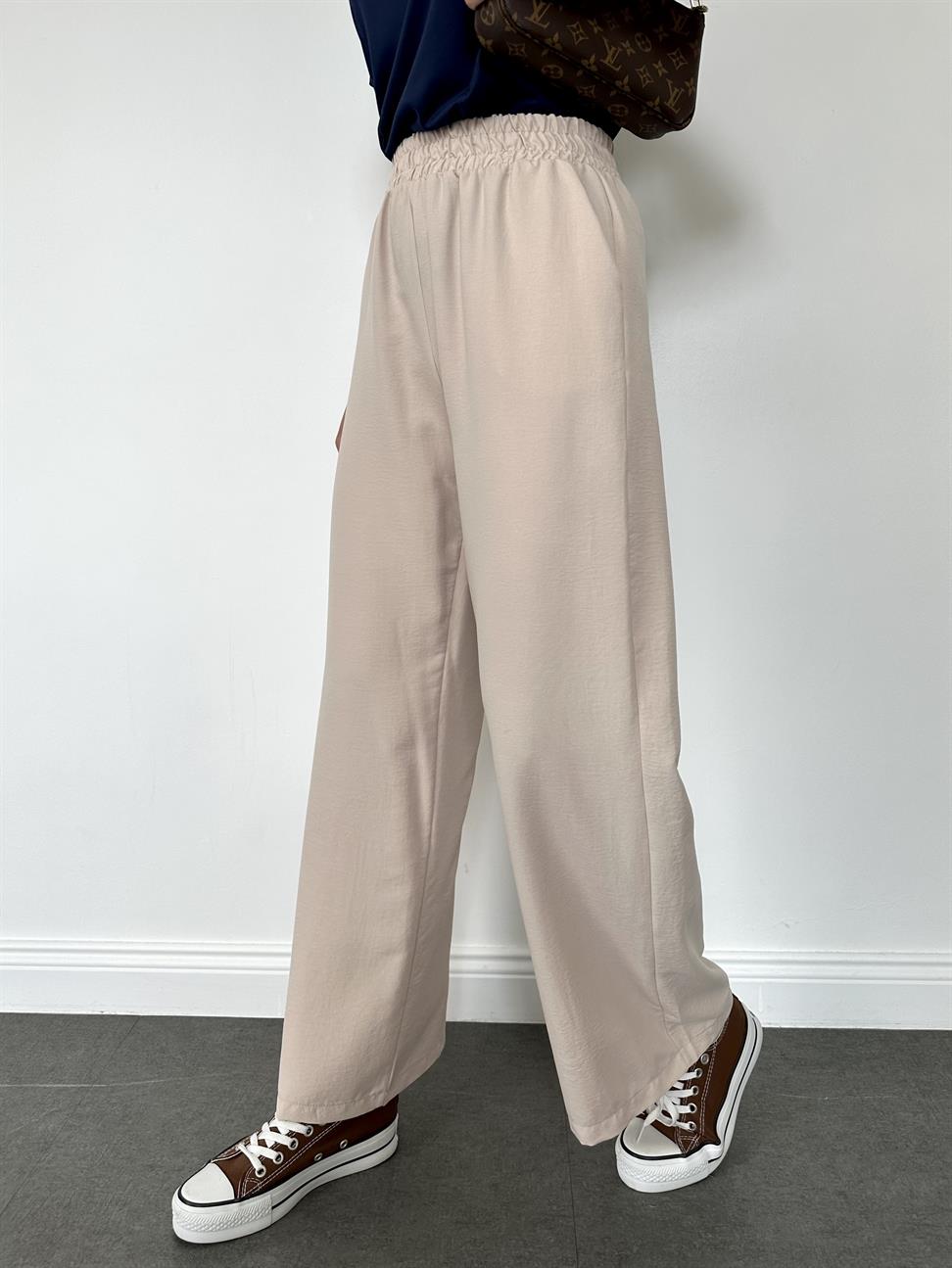 Taş Rengi Beli Lastikli Geniş Paça Pantolon