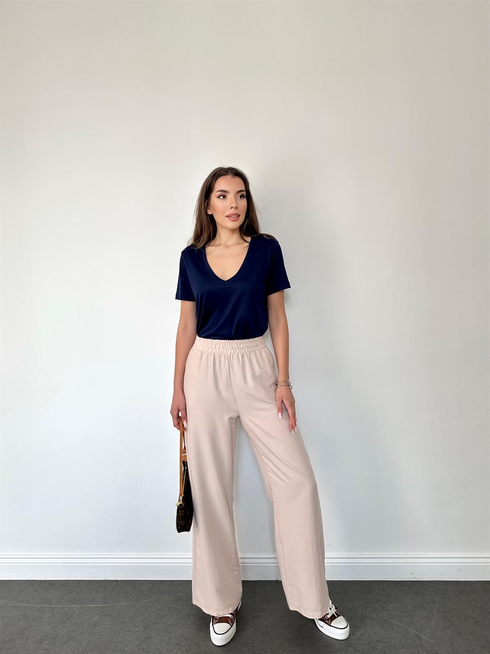 Taş Rengi Beli Lastikli Geniş Paça Pantolon