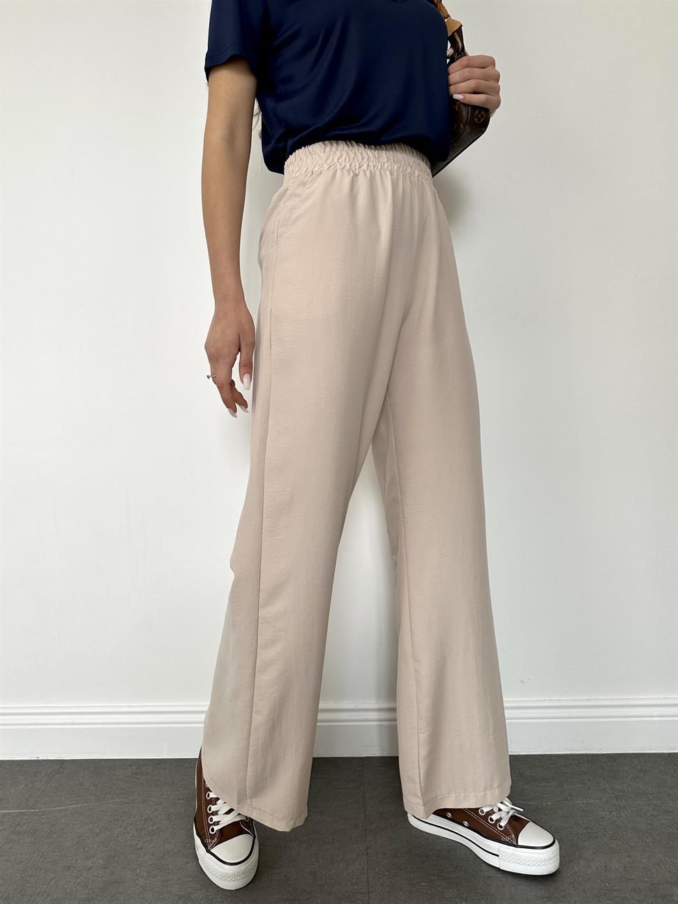 Taş Rengi Beli Lastikli Geniş Paça Pantolon