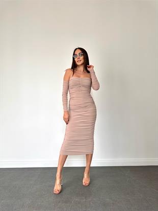 Taş Rengi Drapeli Madonna Yaka Kadın Elbise