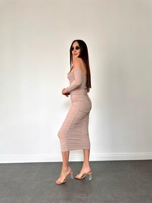 Taş Rengi Drapeli Madonna Yaka Kadın Elbise