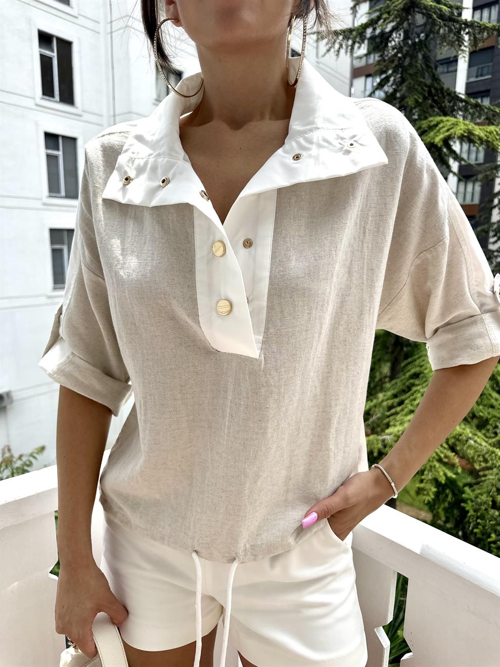 Taş Rengi Keten Kırışık Sweat