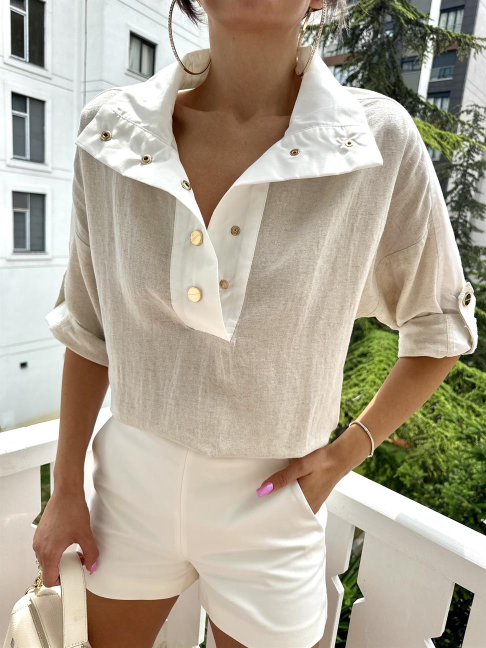 Taş Rengi Keten Kırışık Sweat