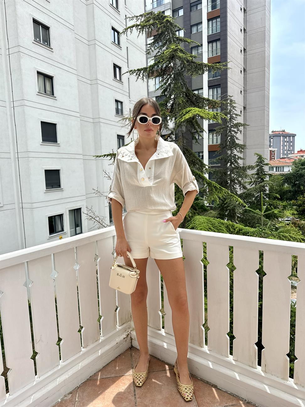 Taş Rengi Keten Kırışık Sweat