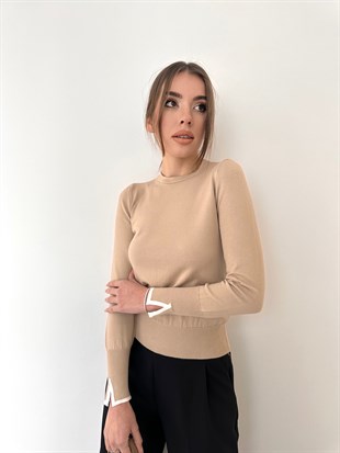 Taş Rengi Kol Yırtmaçlı Basic Triko