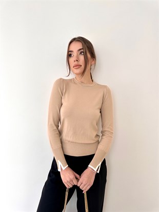 Taş Rengi Kol Yırtmaçlı Basic Triko