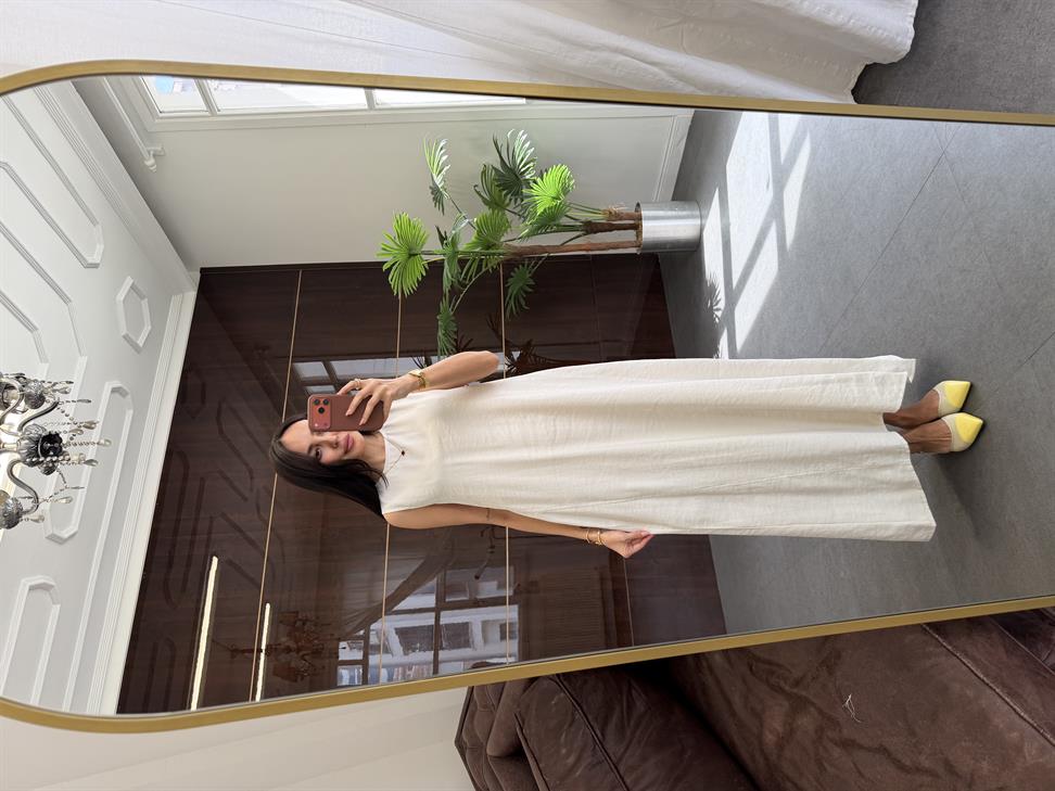 Taş Rengi Kolsuz Uzun Elbise