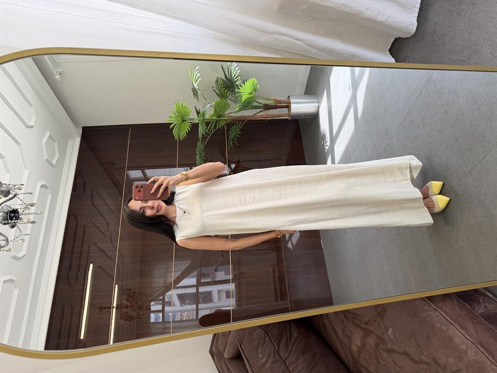 Taş Rengi Kolsuz Uzun Elbise