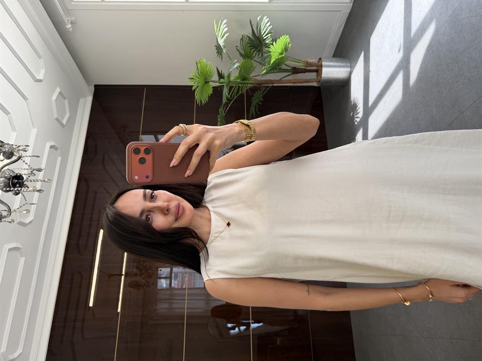 Taş Rengi Kolsuz Uzun Elbise