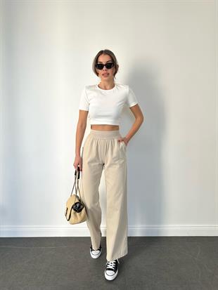 Taş Rengi Örgü Kemer Gabardin Pantolon