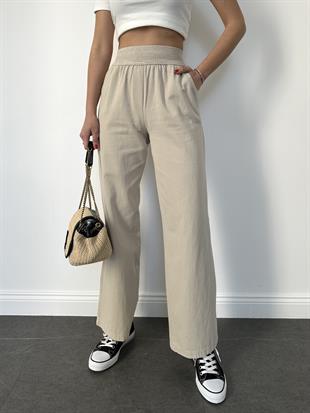 Taş Rengi Örgü Kemer Gabardin Pantolon