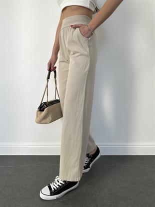 Taş Rengi Örgü Kemer Gabardin Pantolon