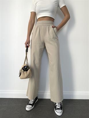 Taş Rengi Örgü Kemer Gabardin Pantolon