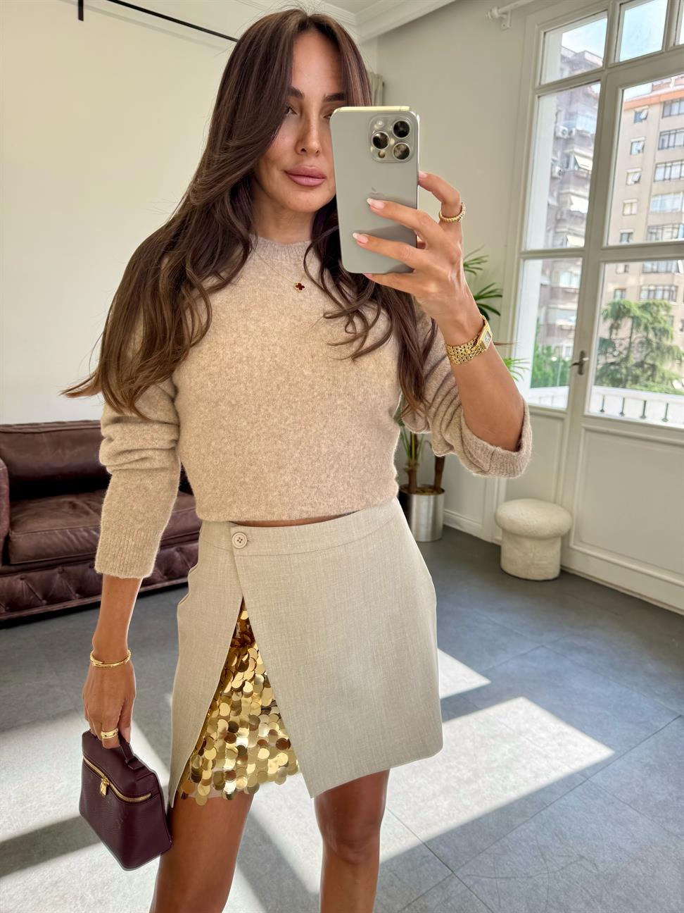 Taş Rengi Payet Detaylı Mini Etek