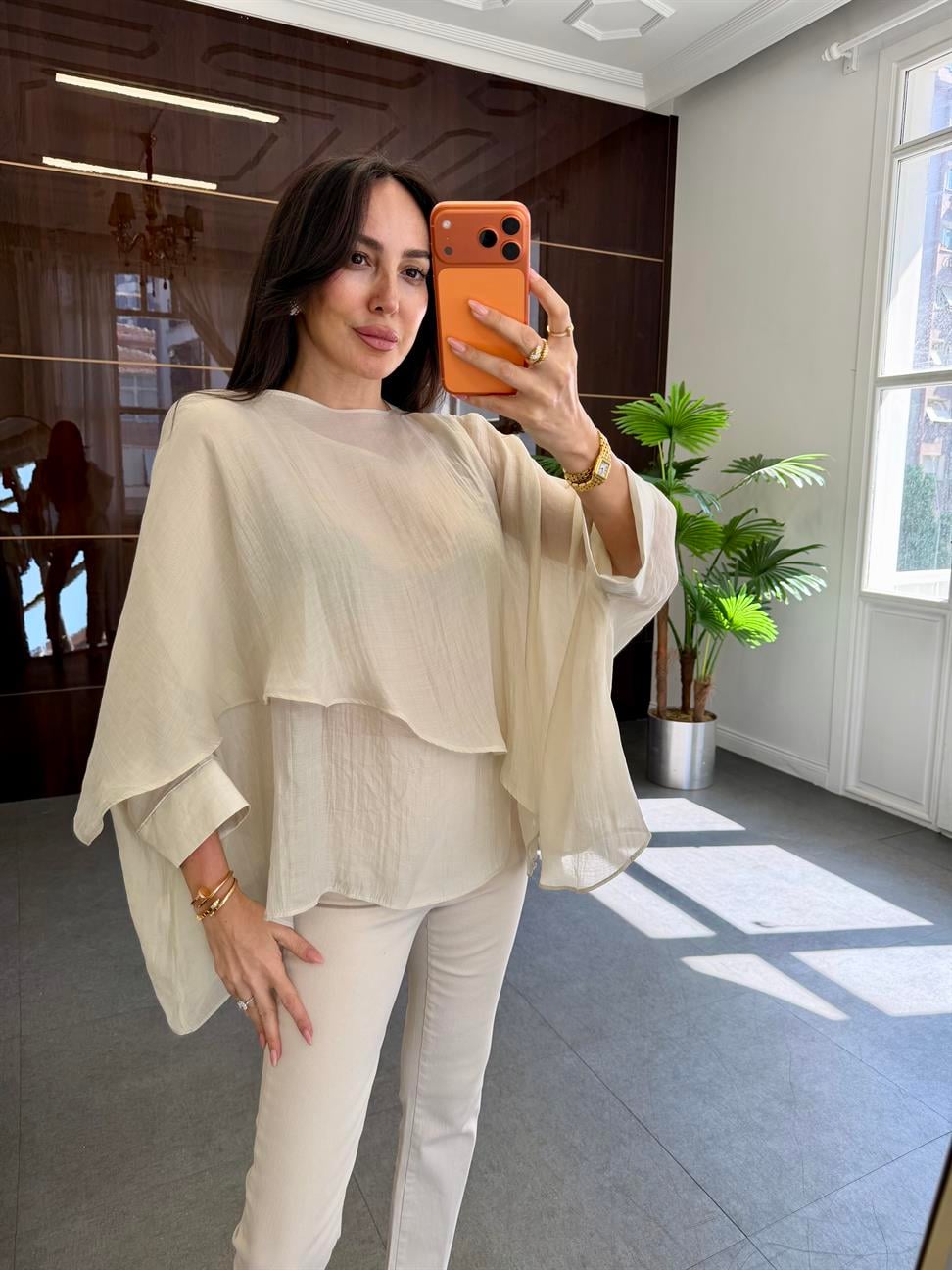 Taş Rengi Pelerin Viskon Bluz