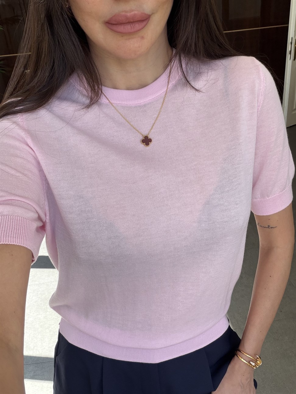 Toz Pembe İpek Karışımlı Bluz
