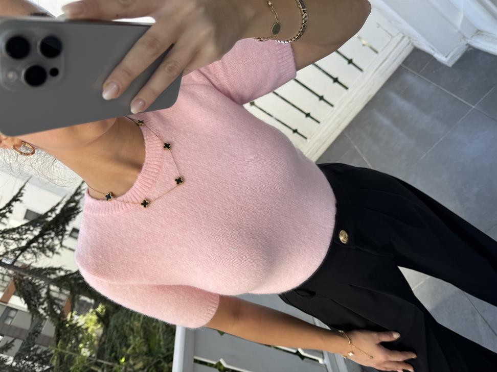 Toz Pembe Yumuşak Doku Kısa Kol Triko Kazak