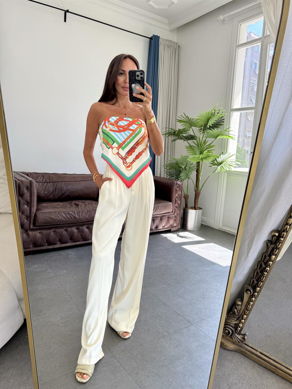 Turuncu Asimetrik Desenli Şal Bluz