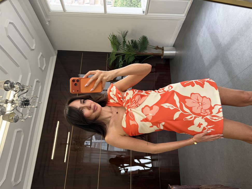 Turuncu Çiçekli Tek Kol Elbise