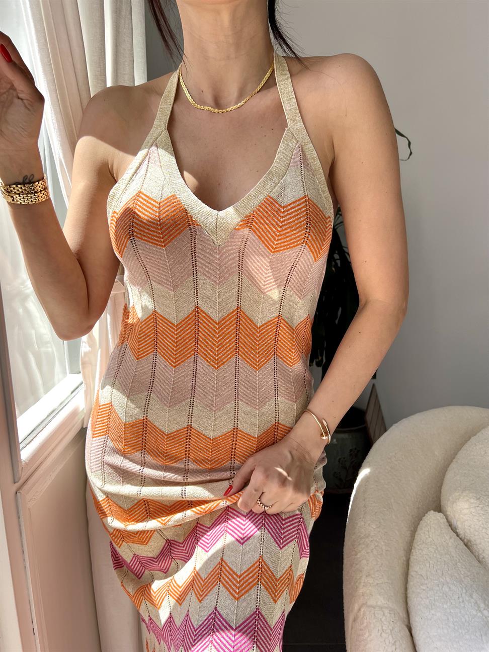 Turuncu Renkli Zig-Zag Örgü Tasarım Elbise