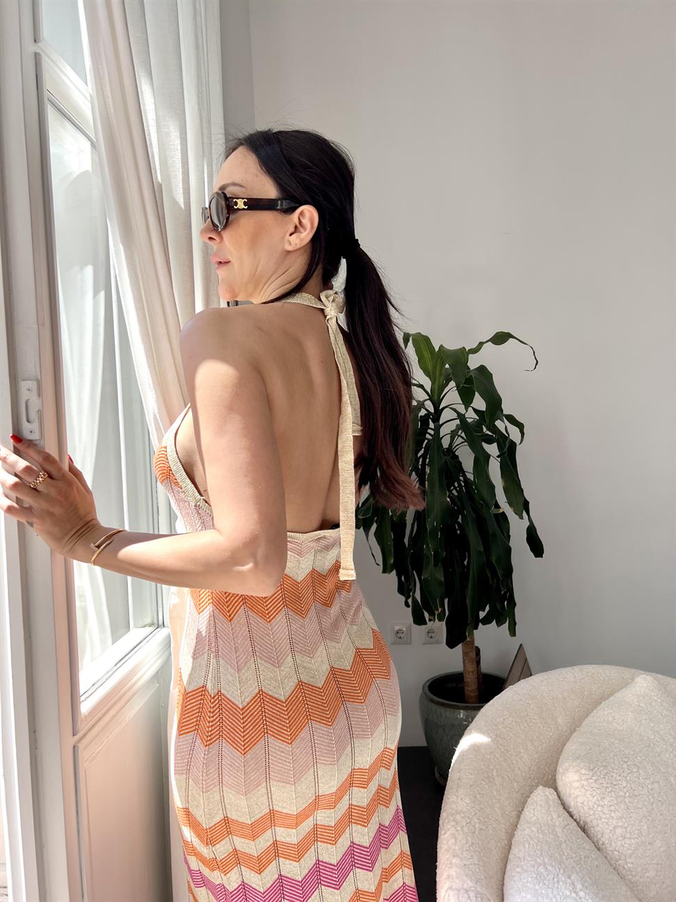 Turuncu Renkli Zig-Zag Örgü Tasarım Elbise