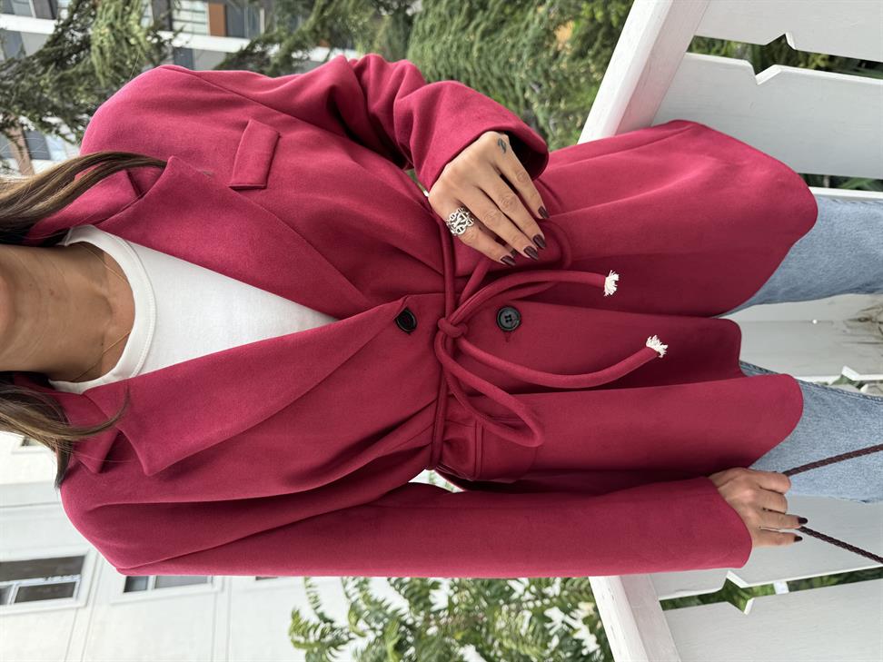 Vişne Çürüğü Bağlama Detay Süet Ceket