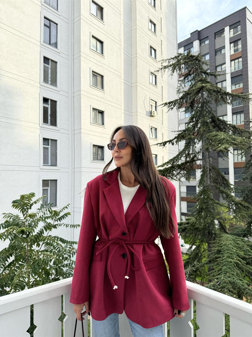 Vişne Çürüğü Bağlama Detay Süet Ceket