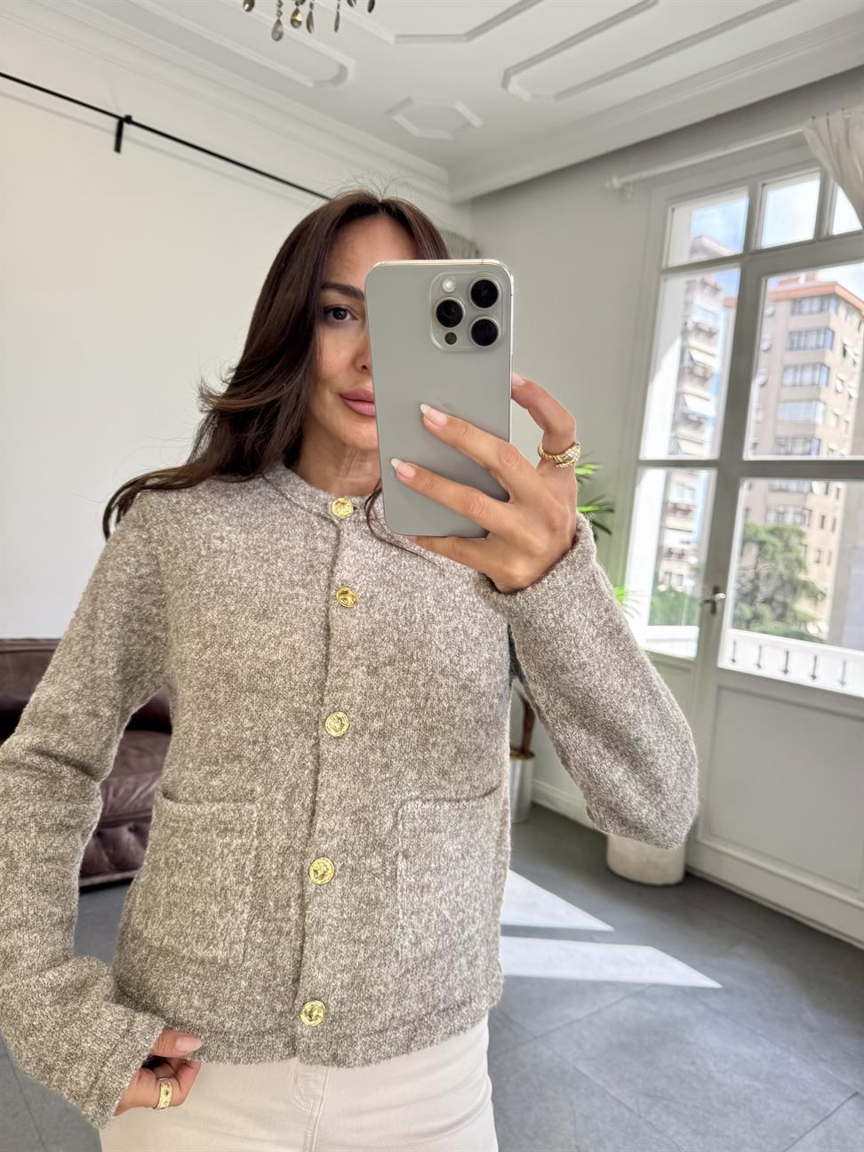 Vizon Bisiklet Yaka Buklet Cepli Düğmeli Triko Hırka