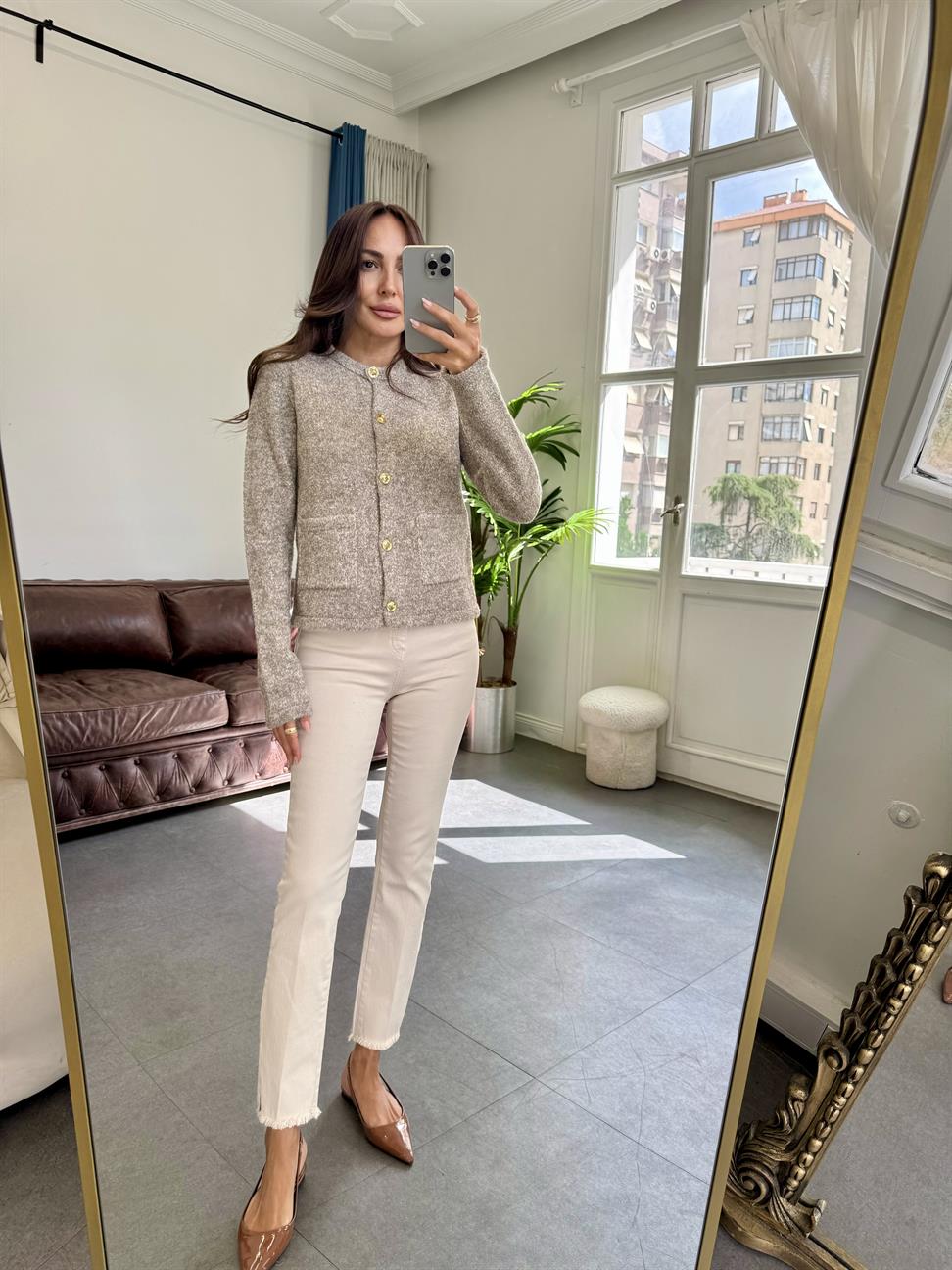 Vizon Bisiklet Yaka Buklet Cepli Düğmeli Triko Hırka