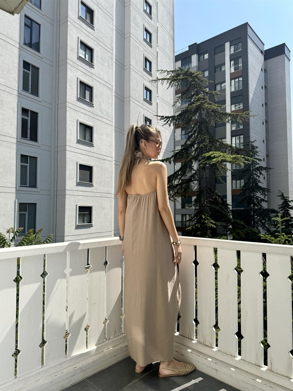 Vizon Çapraz Yaka Keten Dokulu Maxi Elbise