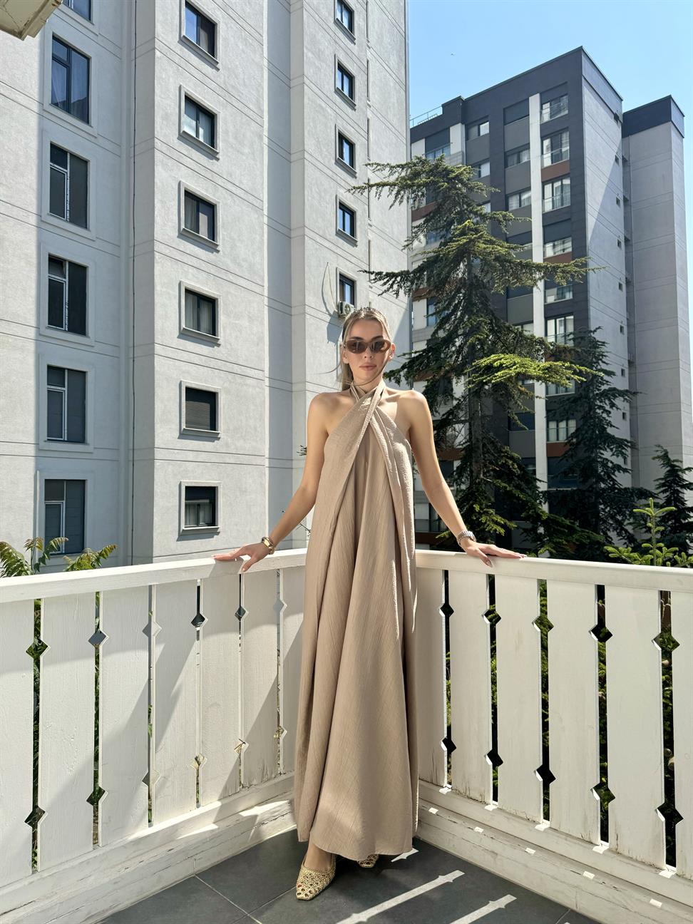 Vizon Çapraz Yaka Keten Dokulu Maxi Elbise