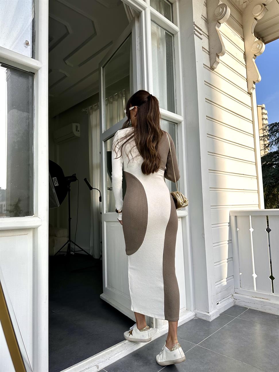 Vizon Ekru Desenli Elbise