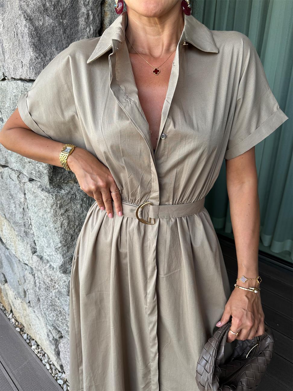 Vizon Gömlek Yaka Kemerli Midi Boy Elbise