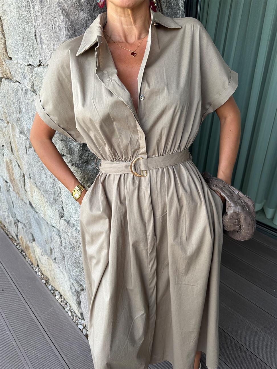 Vizon Gömlek Yaka Kemerli Midi Boy Elbise