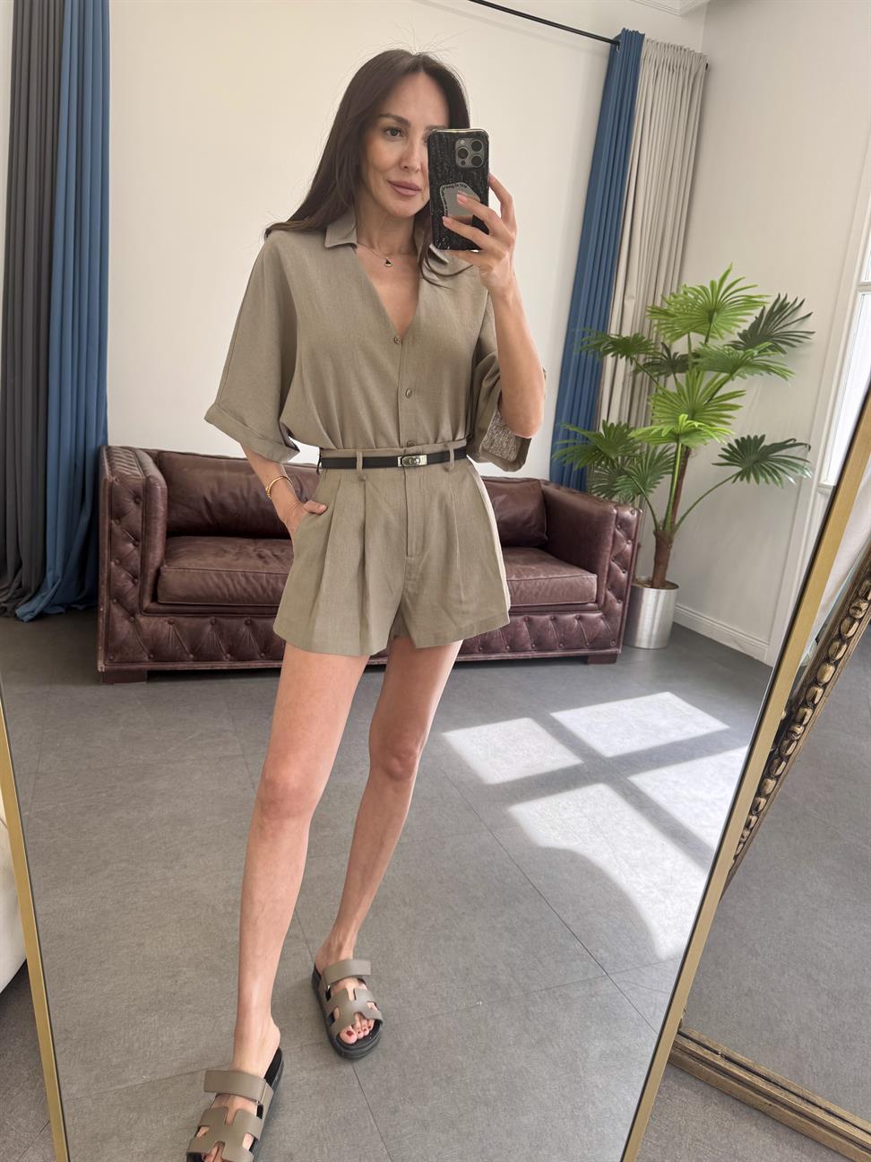 Vizon Hasır Kemerli Gömlek Şort Takım