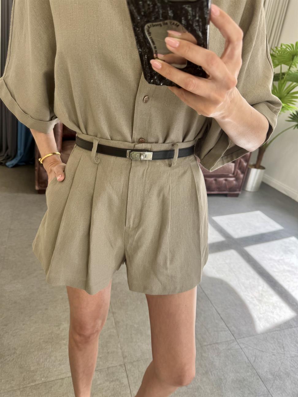 Vizon Hasır Kemerli Gömlek Şort Takım