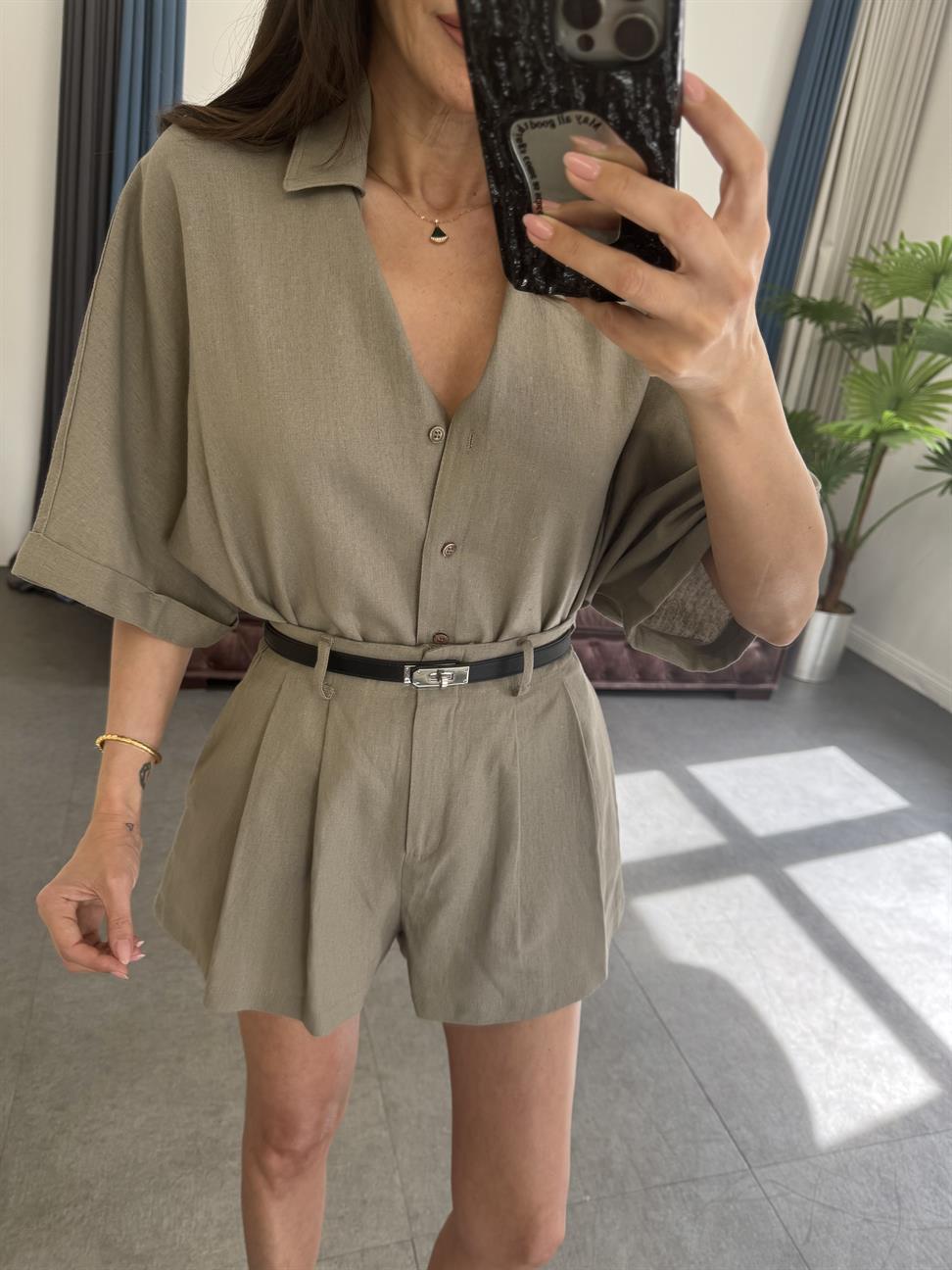 Vizon Hasır Kemerli Gömlek Şort Takım