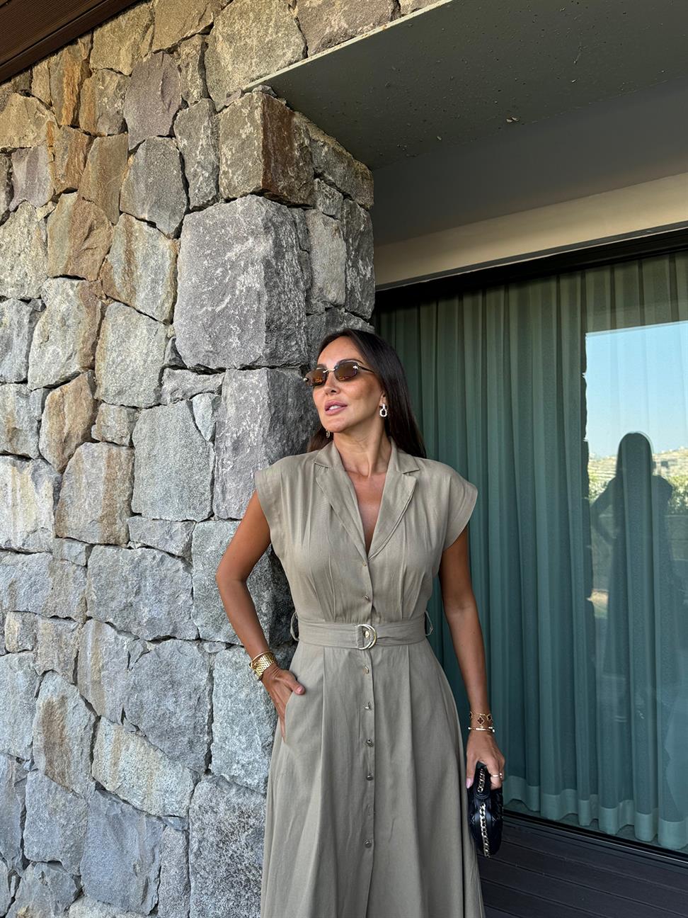 Vizon Keten Kemerli Elbise