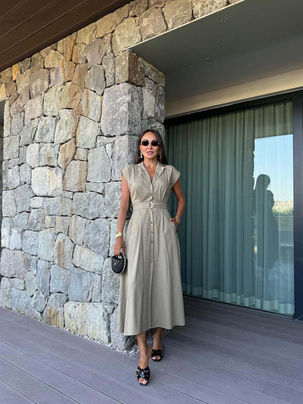 Vizon Keten Kemerli Elbise