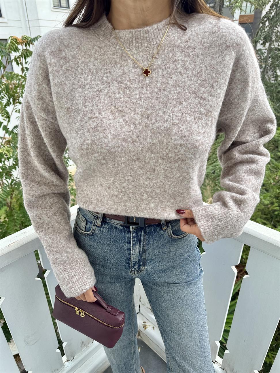 Vizon Melanj Bisiklet Yaka Yumuşak Dokulu Triko Kazak