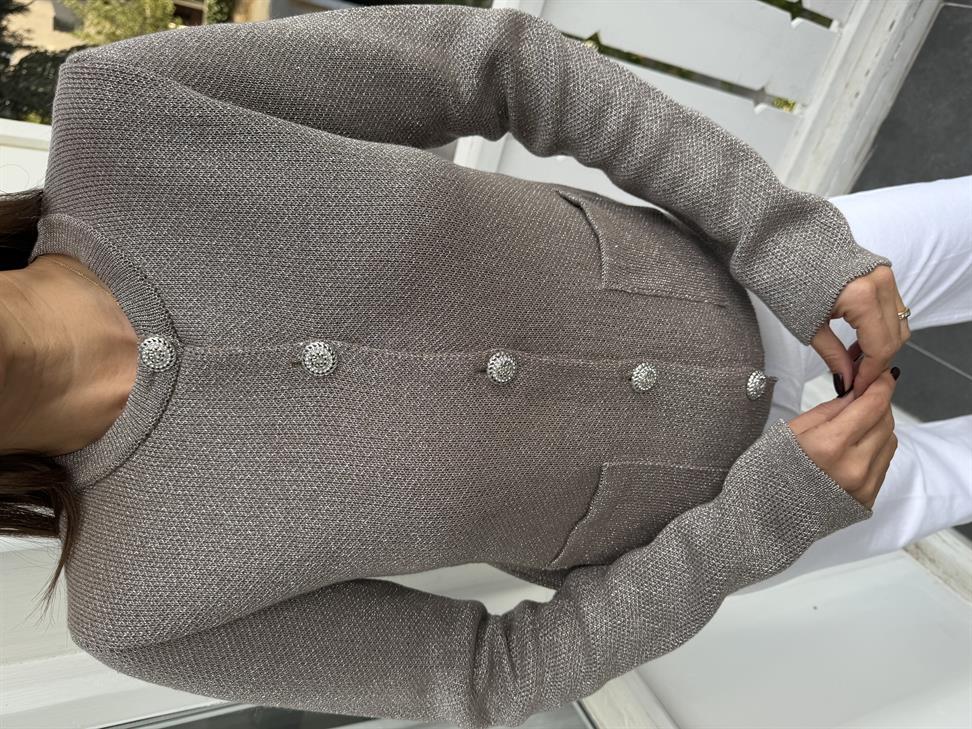 Vizon Parlak Taş Düğmeli Cepli Hırka