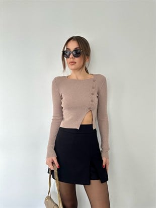 Vizon Yandan Yırtmaç ve Düğme Detay Fitilli Bluz