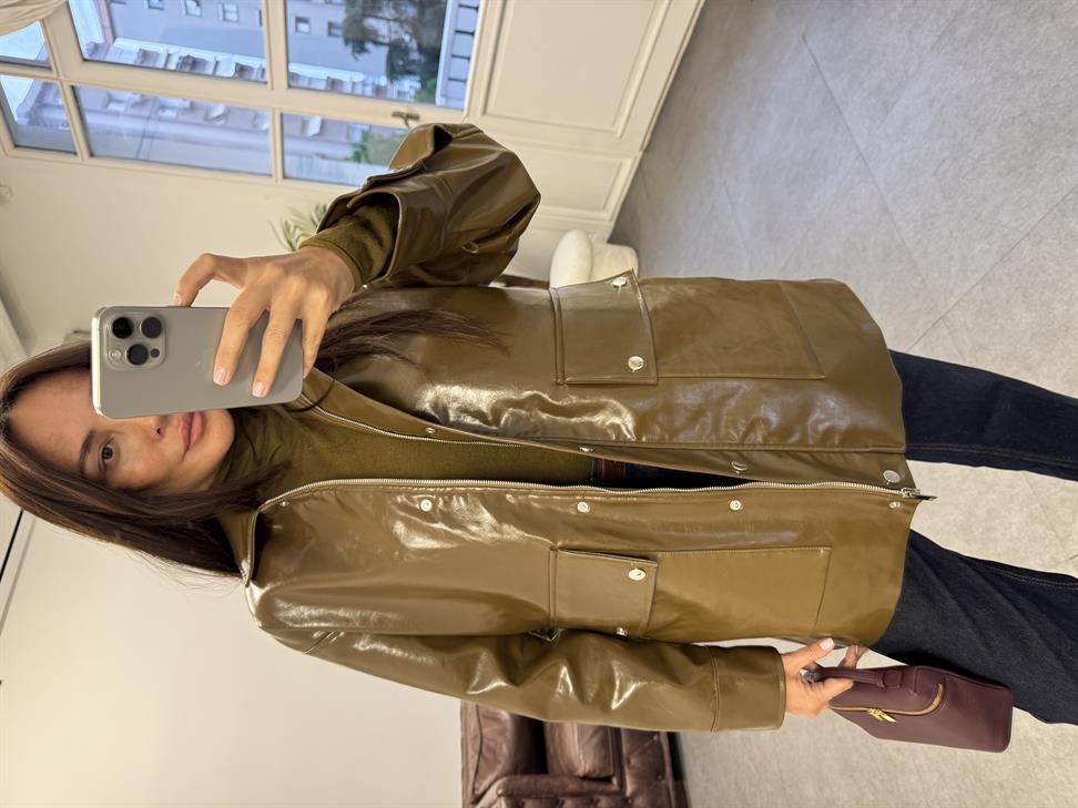 Yağ Yeşili Parlak 2 Cepli Deri Ceket